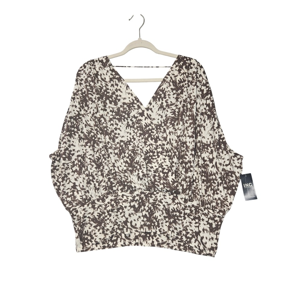 INC International Concepts Women XL Brown Cream Abstract Dolman V-Neck Top NWT